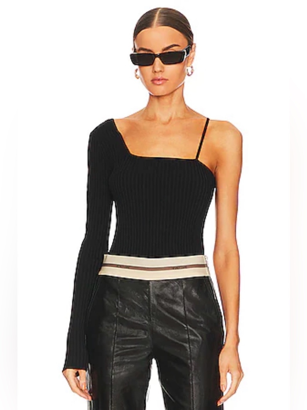 NWT Helmut Lang Cross Strap One Shoulder Ribbed Black Sleek Long Sleeve Medium